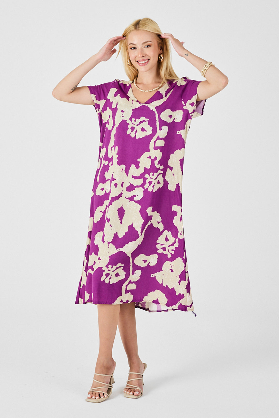 Purple Deep V-Neck Slit Patterned Midi Dress BCVL-254012 - Kirkland