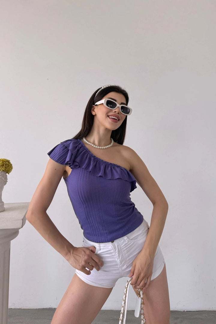 Purple One Shoulder Ruffle Detailed Blouse BCDF-251088 - Tuttlingen