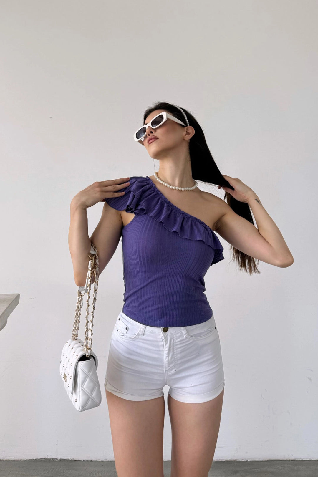 Purple One Shoulder Ruffle Detailed Blouse BCDF-251088 - Tuttlingen