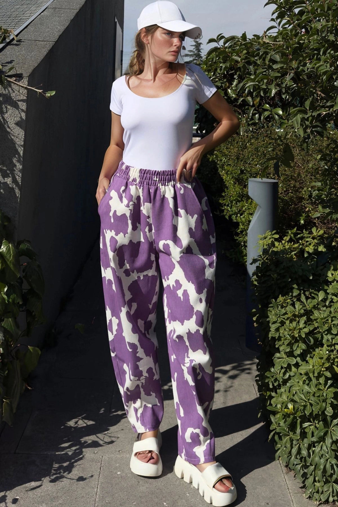 Purple High Waist Elastic Waist Pants BCBSK-25700-3548 - Lompoc
