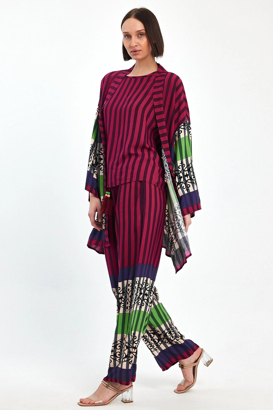 Maxi Boy Maroon Printed Kimono and Pants Woven Viscose Top Bottom Set BCVL-251042 - Enid
