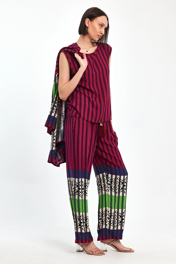 Maxi Boy Maroon Printed Kimono and Pants Woven Viscose Top Bottom Set BCVL-251042 - Enid