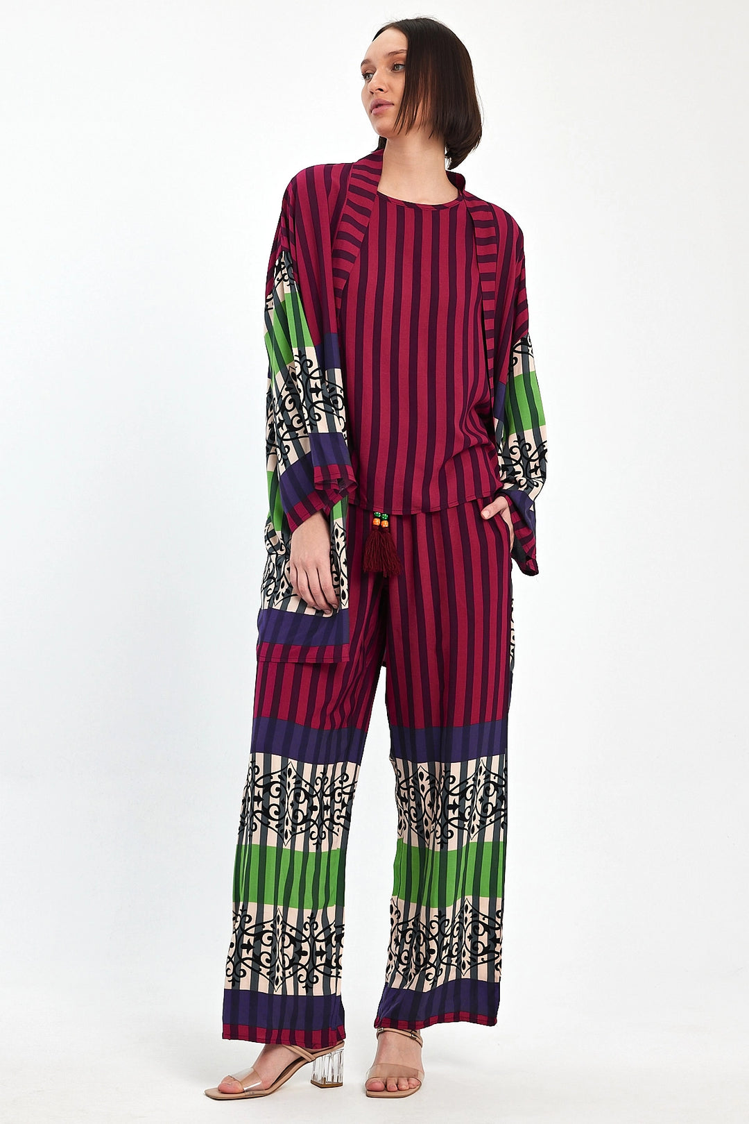 Maxi Boy Maroon Printed Kimono and Pants Woven Viscose Top Bottom Set BCVL-251042 - Enid