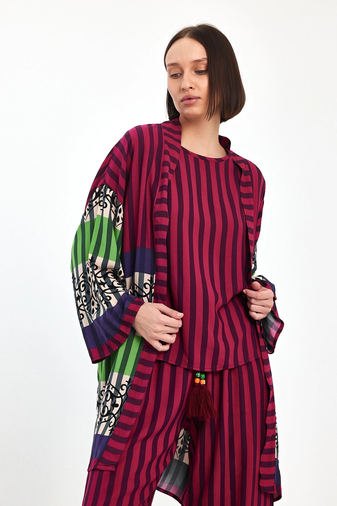 Maxi Boy Maroon Printed Kimono and Pants Woven Viscose Top Bottom Set BCVL-251042 - Enid