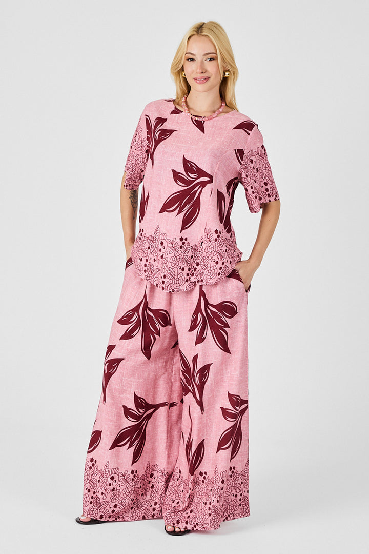 Mürdüm-Flower Leaf Patterned Oversized Blouse and Wide Leg Pants Set BCVL-254029 - Fairfield