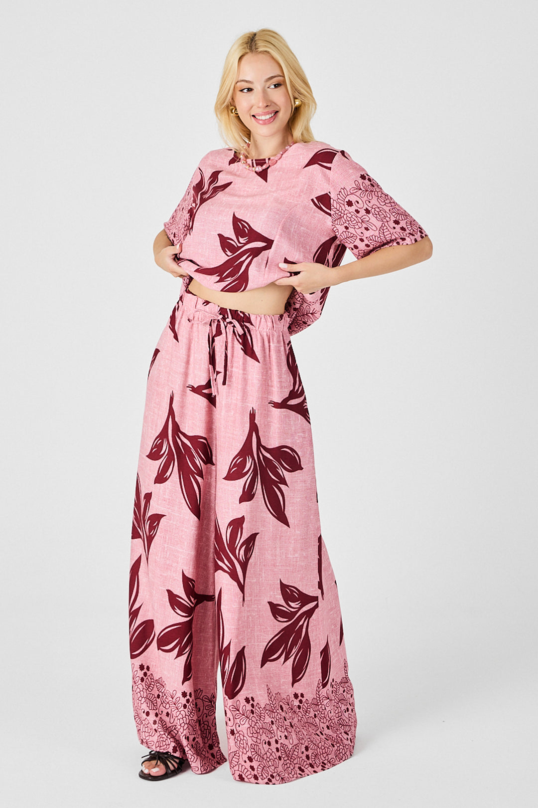 Mürdüm-Flower Leaf Patterned Oversized Blouse and Wide Leg Pants Set BCVL-254029 - Fairfield
