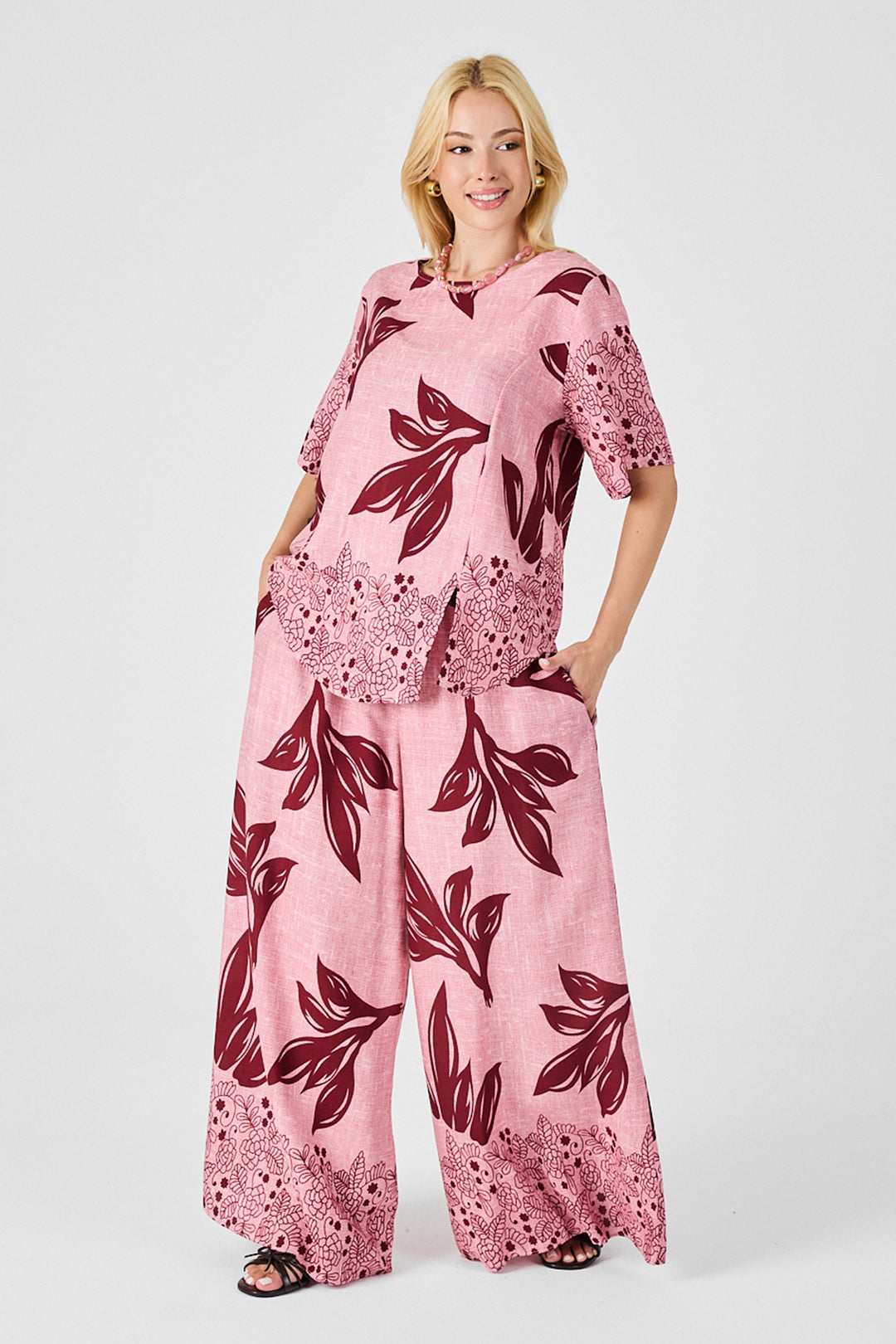 Mürdüm-Flower Leaf Patterned Oversized Blouse and Wide Leg Pants Set BCVL-254029 - Fairfield