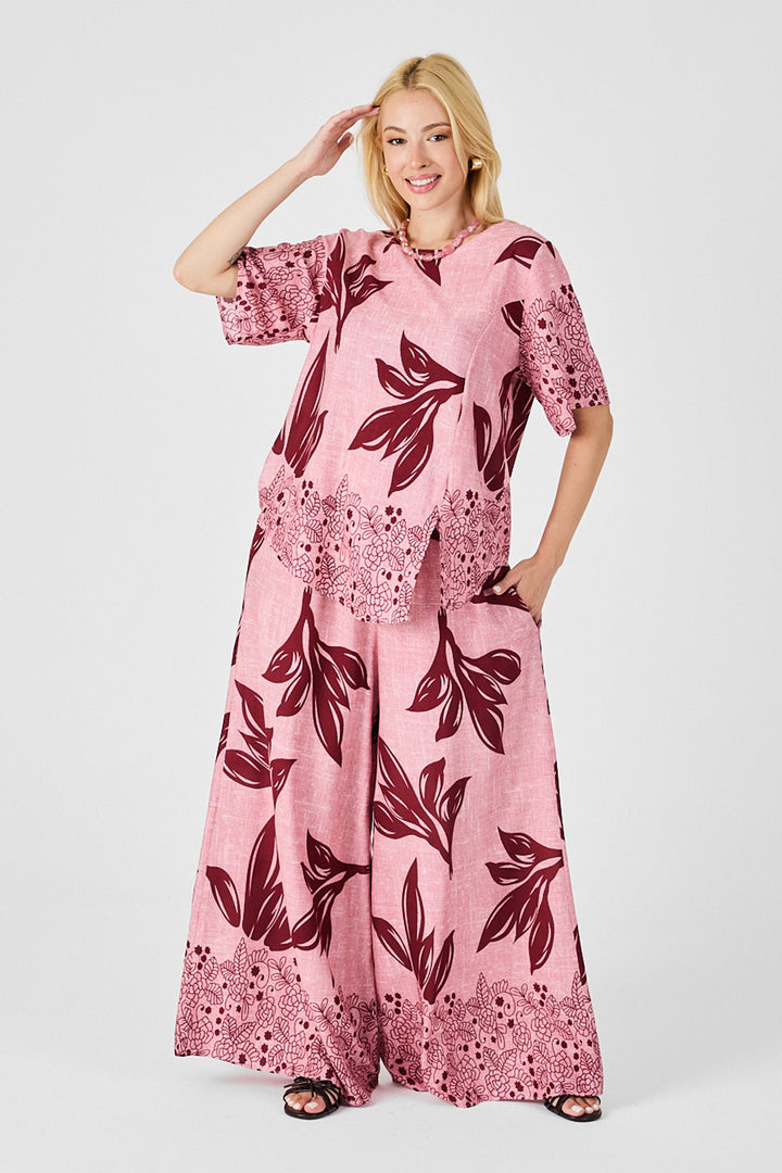 Mürdüm-Flower Leaf Patterned Oversized Blouse and Wide Leg Pants Set BCVL-254029 - Fairfield