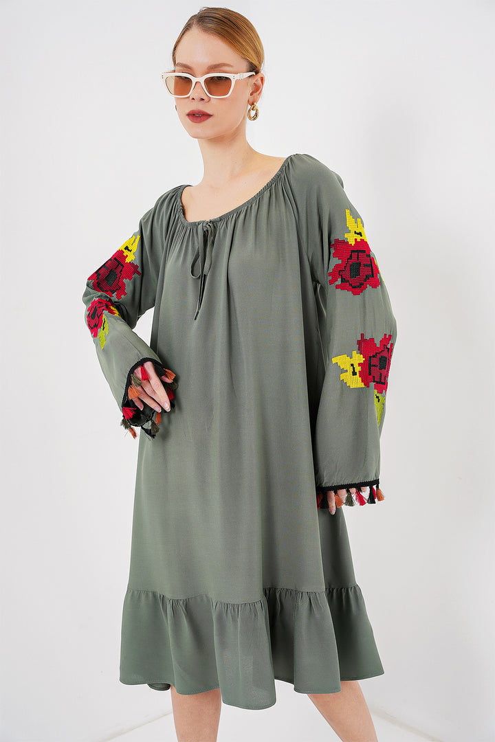 BGD Women Embroidered Midi Dress 2531 - Khaki - Beverly