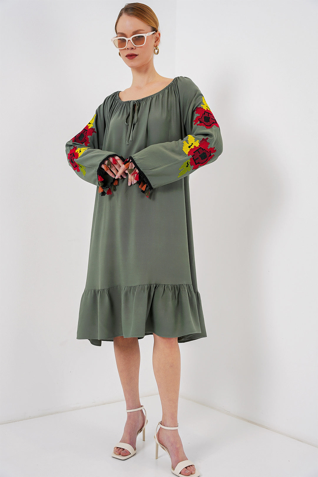 BGD Women Embroidered Midi Dress 2531 - Khaki - Beverly