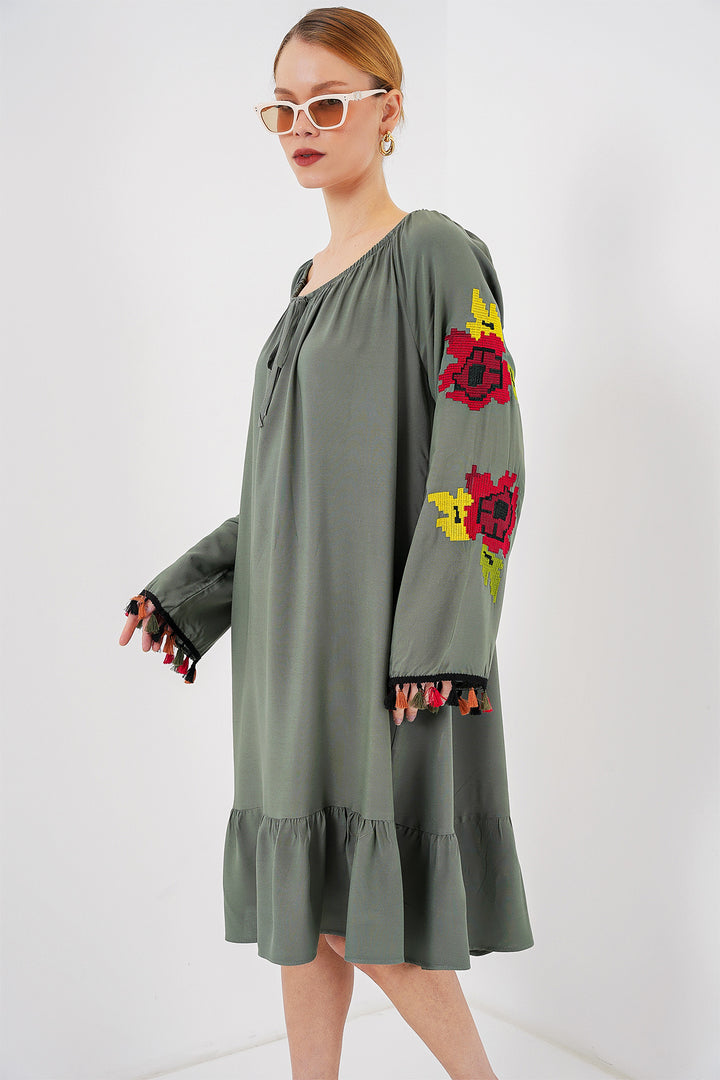 BGD Women Embroidered Midi Dress 2531 - Khaki - Beverly