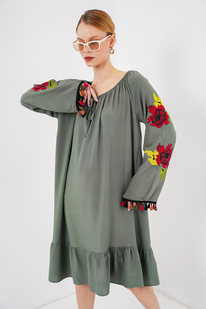 BGD Women Embroidered Midi Dress 2531 - Khaki - Beverly
