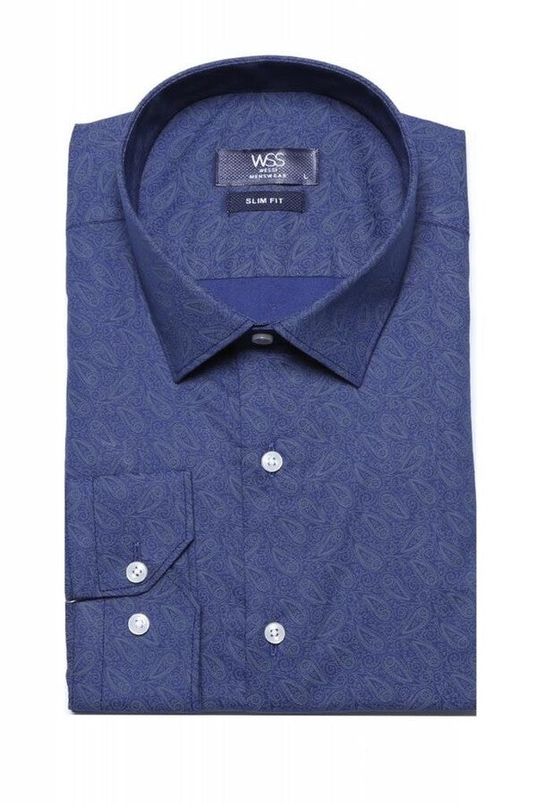 WSS Navy Blue Floral Patterned Slim Fit Shirt  - Nijkerk