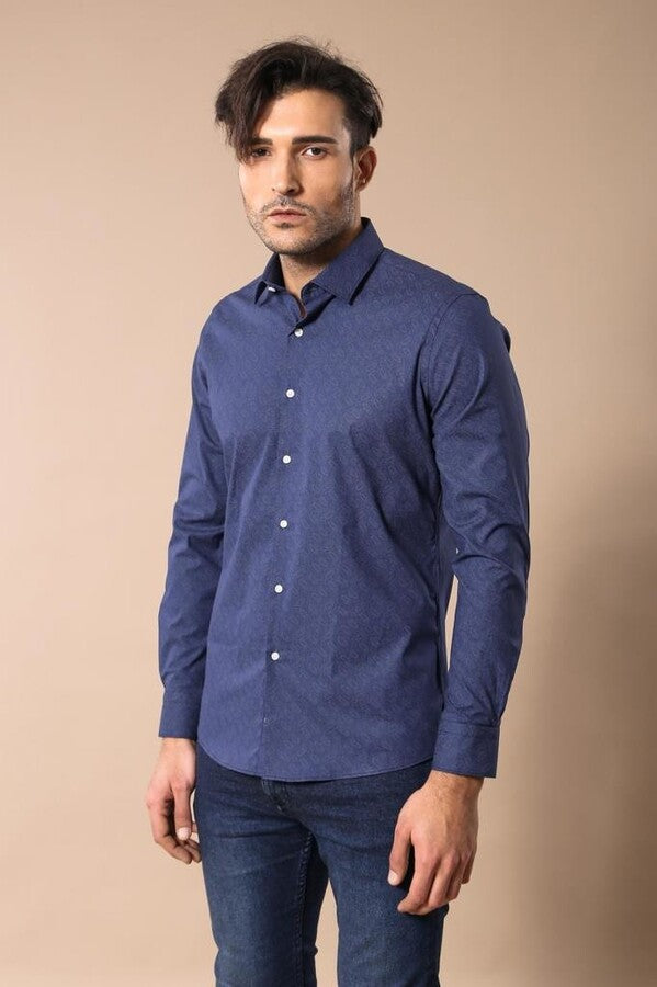 WSS Navy Blue Floral Patterned Slim Fit Shirt  - Nijkerk