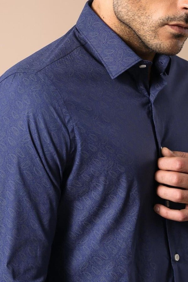 WSS Navy Blue Floral Patterned Slim Fit Shirt  - Nijkerk