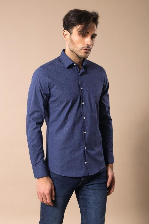 WSS Navy Blue Floral Patterned Slim Fit Shirt  - Nijkerk