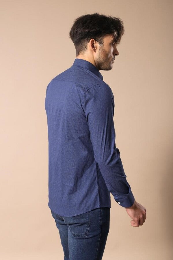 WSS Navy Blue Floral Patterned Slim Fit Shirt  - Nijkerk