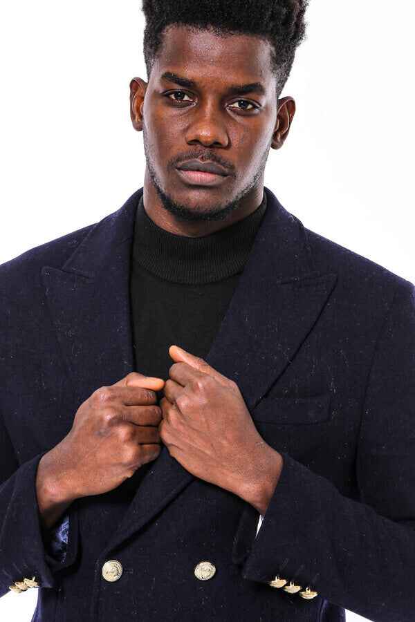 WSS Navy Blue Metal Buttoned Double Breasted Long Coat  - St. Johns
