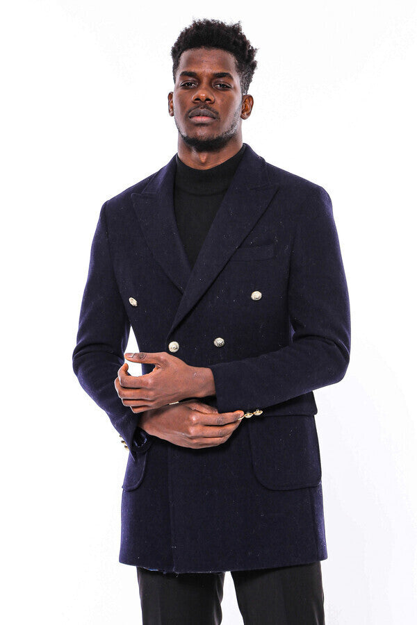 WSS Navy Blue Metal Buttoned Double Breasted Long Coat  - St. Johns