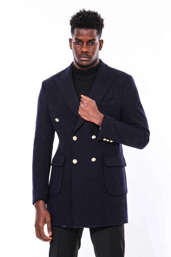 WSS Navy Blue Metal Buttoned Double Breasted Long Coat  - St. Johns