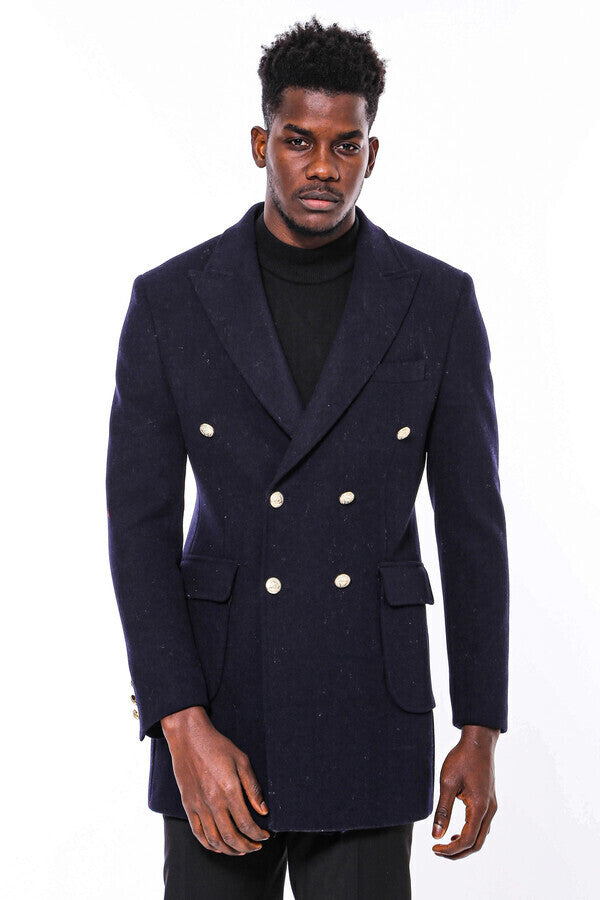 WSS Navy Blue Metal Buttoned Double Breasted Long Coat  - St. Johns