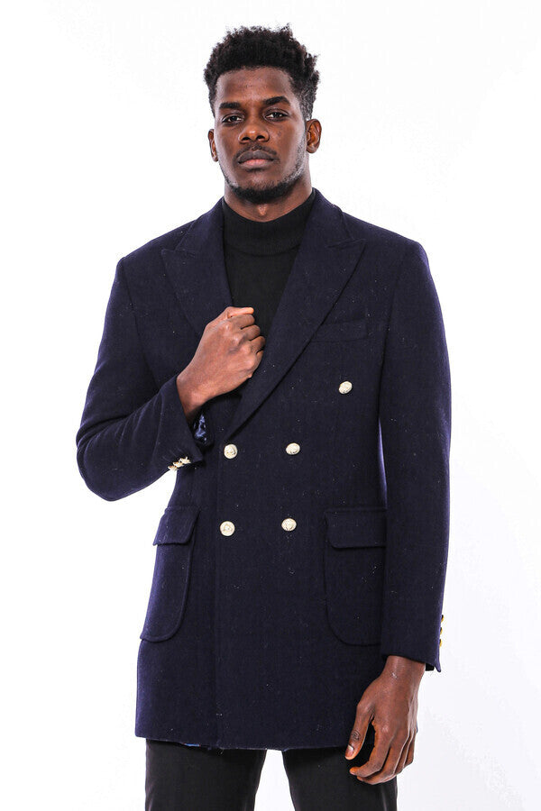 WSS Navy Blue Metal Buttoned Double Breasted Long Coat  - St. Johns