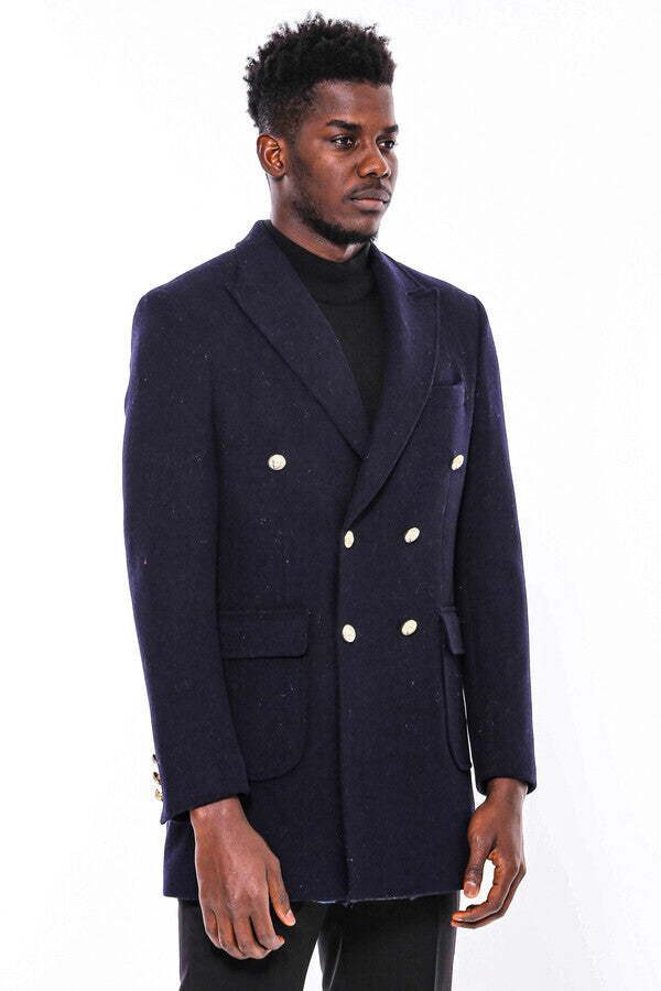 WSS Navy Blue Metal Buttoned Double Breasted Long Coat  - St. Johns
