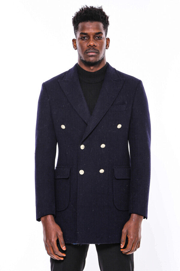 WSS Navy Blue Metal Buttoned Double Breasted Long Coat  - St. Johns
