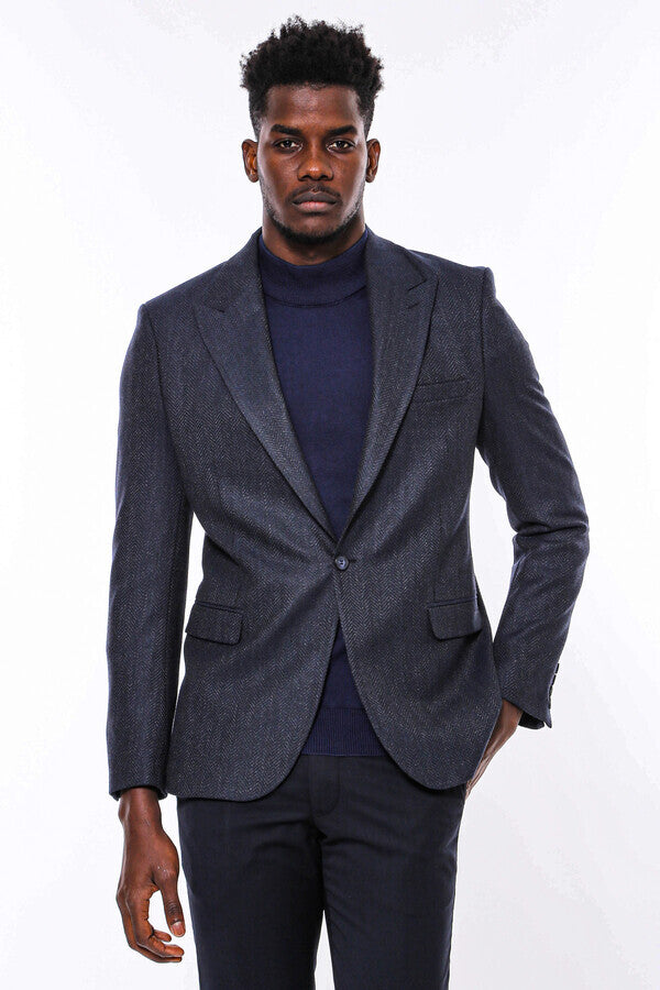 WSS Navy Blue Patterned Slim-Fit Blazer  - Middelburg