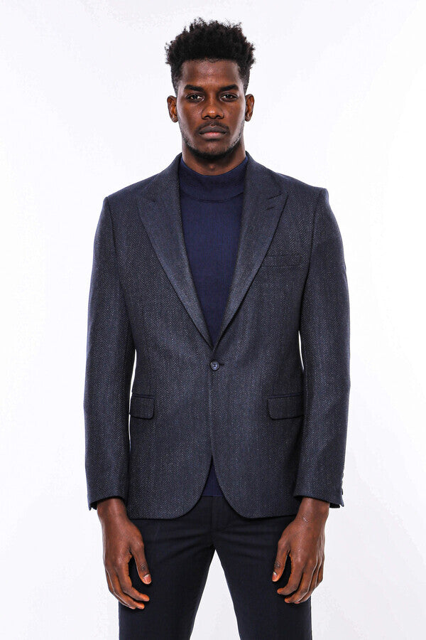WSS Navy Blue Patterned Slim-Fit Blazer  - Middelburg