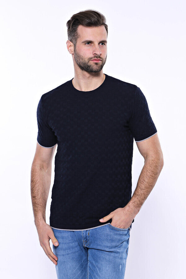 WSS Patterned Tricot Knitted Navy Blue Men T-Shirt  - Hillsboro
