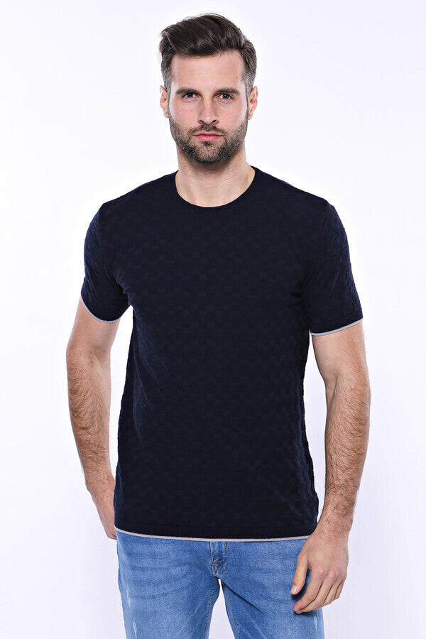 WSS Patterned Tricot Knitted Navy Blue Men T-Shirt  - Hillsboro