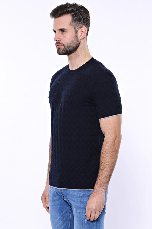 WSS Patterned Tricot Knitted Navy Blue Men T-Shirt  - Hillsboro