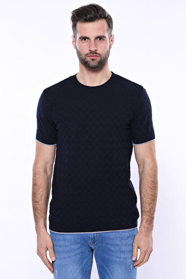WSS Patterned Tricot Knitted Navy Blue Men T-Shirt  - Hillsboro