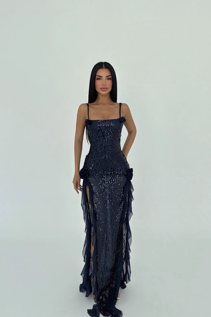 EYY Women Navy Blue Paxton Sequined Long Slit Dress - Port Charlotte