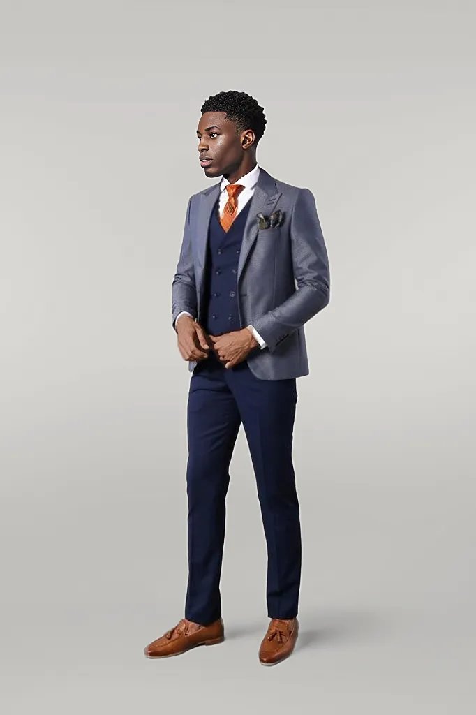 WSS Navy Blue Self-Patterned Vested Suit  - Singen