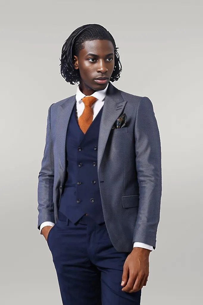 WSS Navy Blue Self-Patterned Vested Suit  - Singen