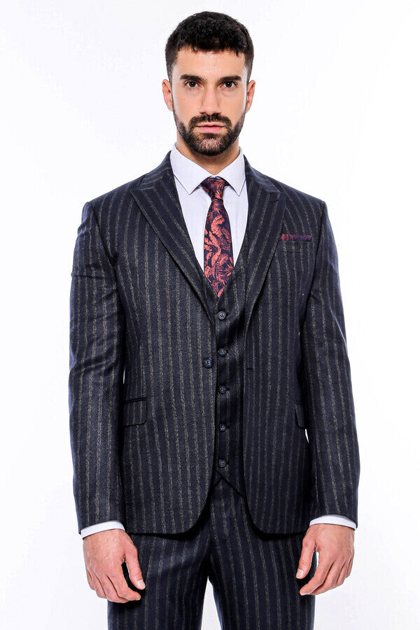 WSS Navy Blue Striped Men's Vested Slim-Fit Suit  - Westminster