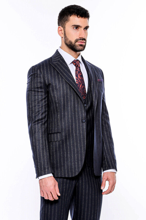 WSS Navy Blue Striped Men's Vested Slim-Fit Suit  - Westminster