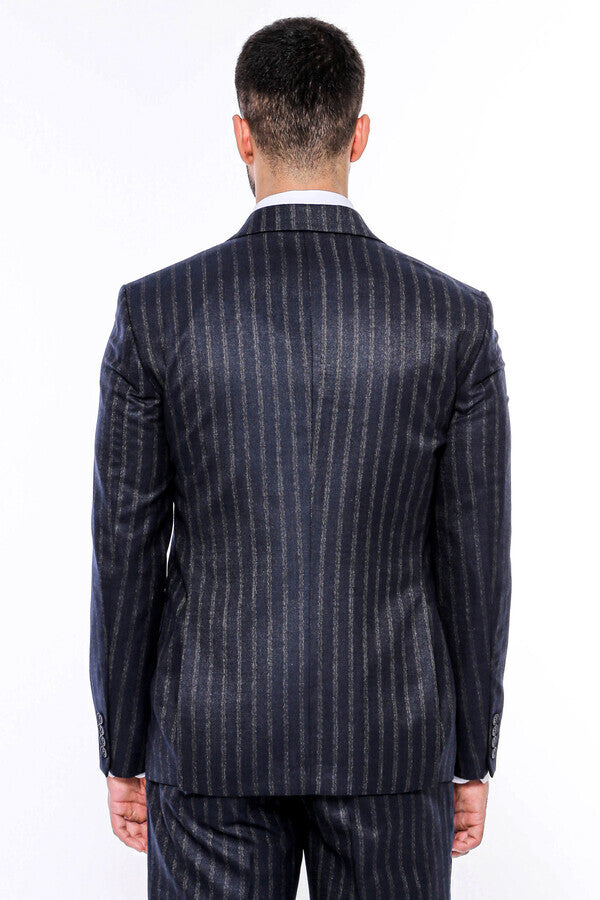 WSS Navy Blue Striped Men's Vested Slim-Fit Suit  - Westminster