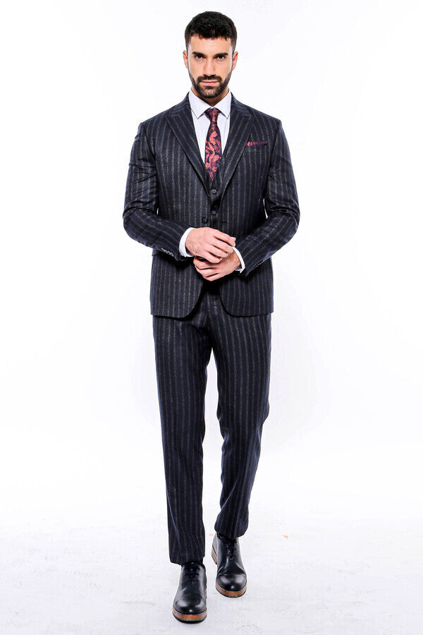 WSS Navy Blue Striped Men's Vested Slim-Fit Suit  - Westminster