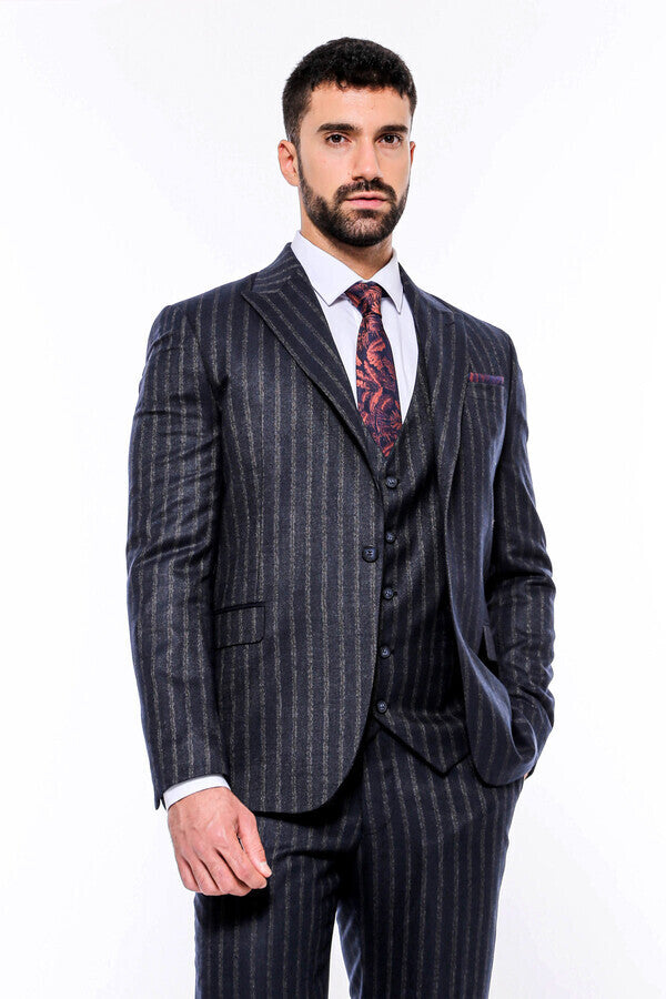 WSS Navy Blue Striped Men's Vested Slim-Fit Suit  - Westminster