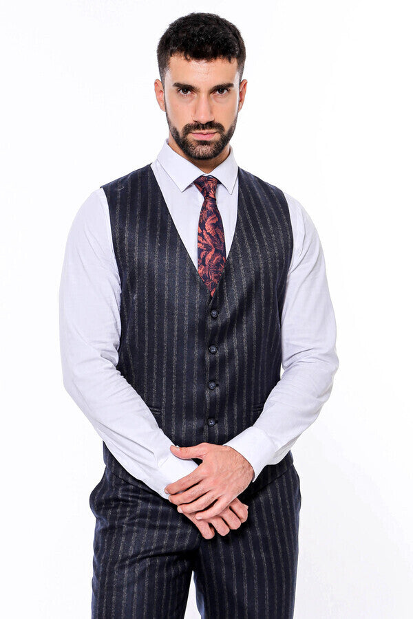 WSS Navy Blue Striped Men's Vested Slim-Fit Suit  - Westminster