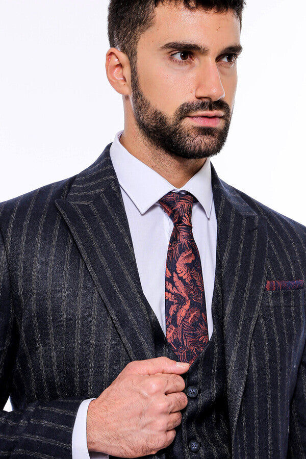 WSS Navy Blue Striped Men's Vested Slim-Fit Suit  - Westminster