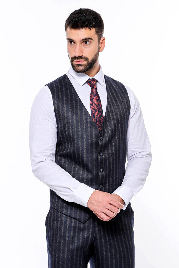 WSS Navy Blue Striped Men's Vested Slim-Fit Suit  - Westminster