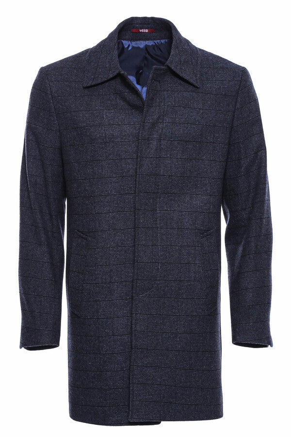 WSS Navy Checked Hidden Button Peak Lapel Coat  - Regensburg