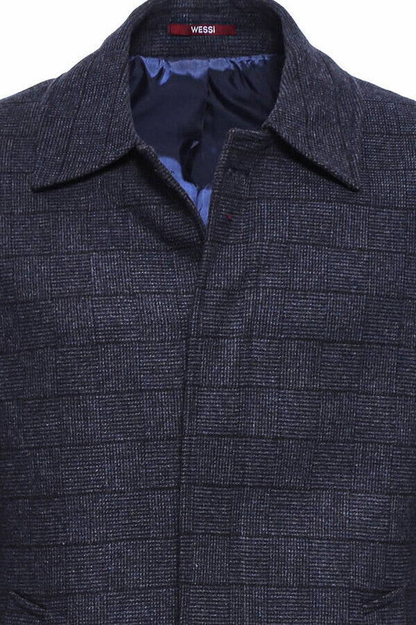 WSS Navy Checked Hidden Button Peak Lapel Coat  - Regensburg