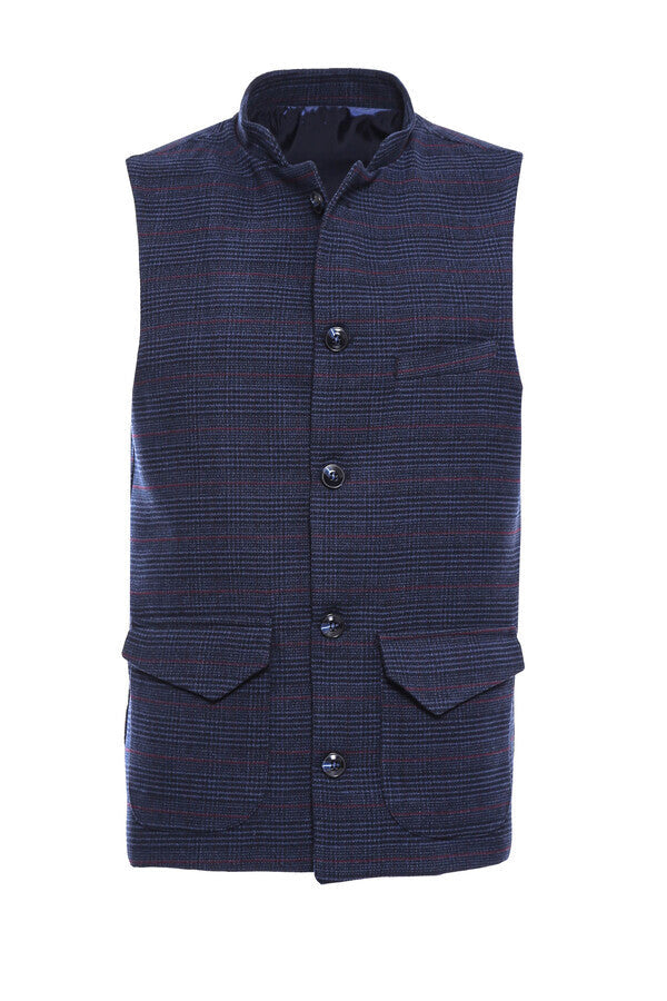 WSS Navy Checked Mandarin Collar Cachet Vest  - Singen