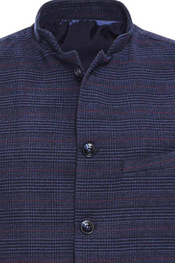 WSS Navy Checked Mandarin Collar Cachet Vest  - Singen