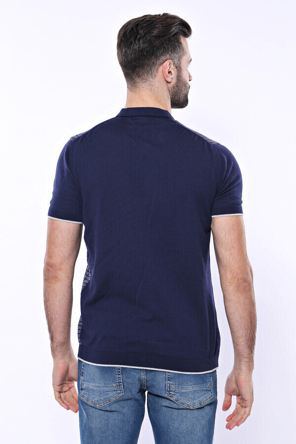 WSS Navy Plaid Zippered Knitted Polo T-Shirt  - Molfetta
